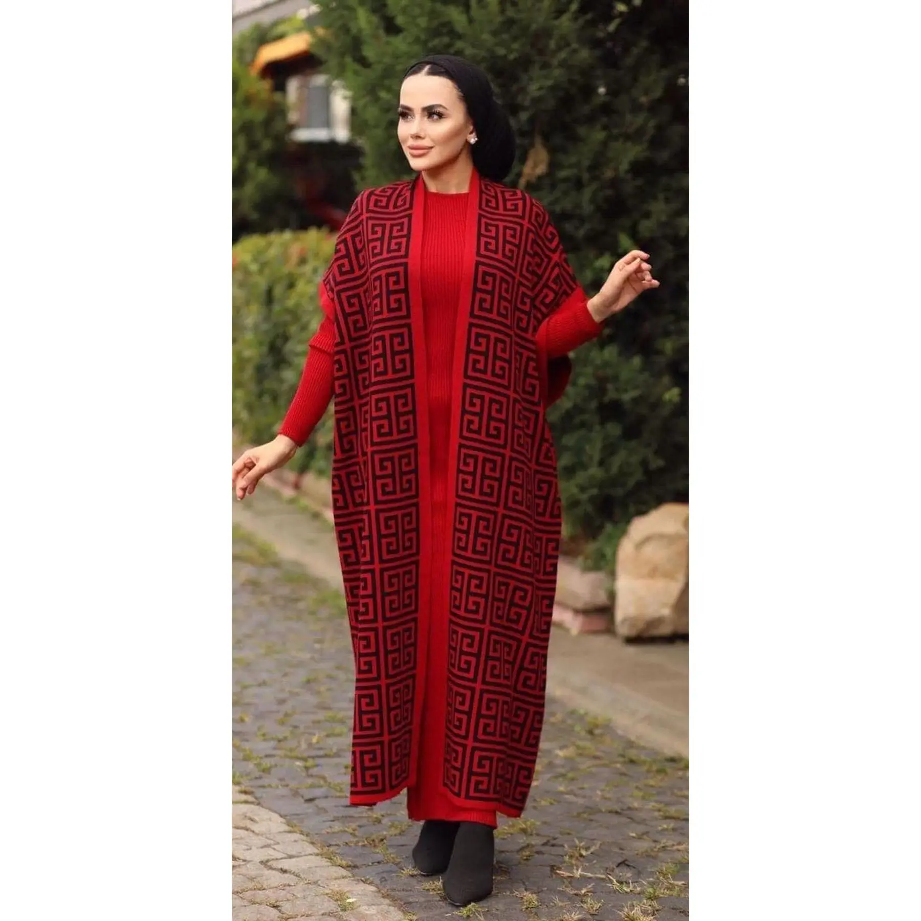 Robe maxi brodée et cardigan à manches chauve-souris pour femme, ensemble 2 pièces, motif labyrinthe, tricots, Turquie, 2021