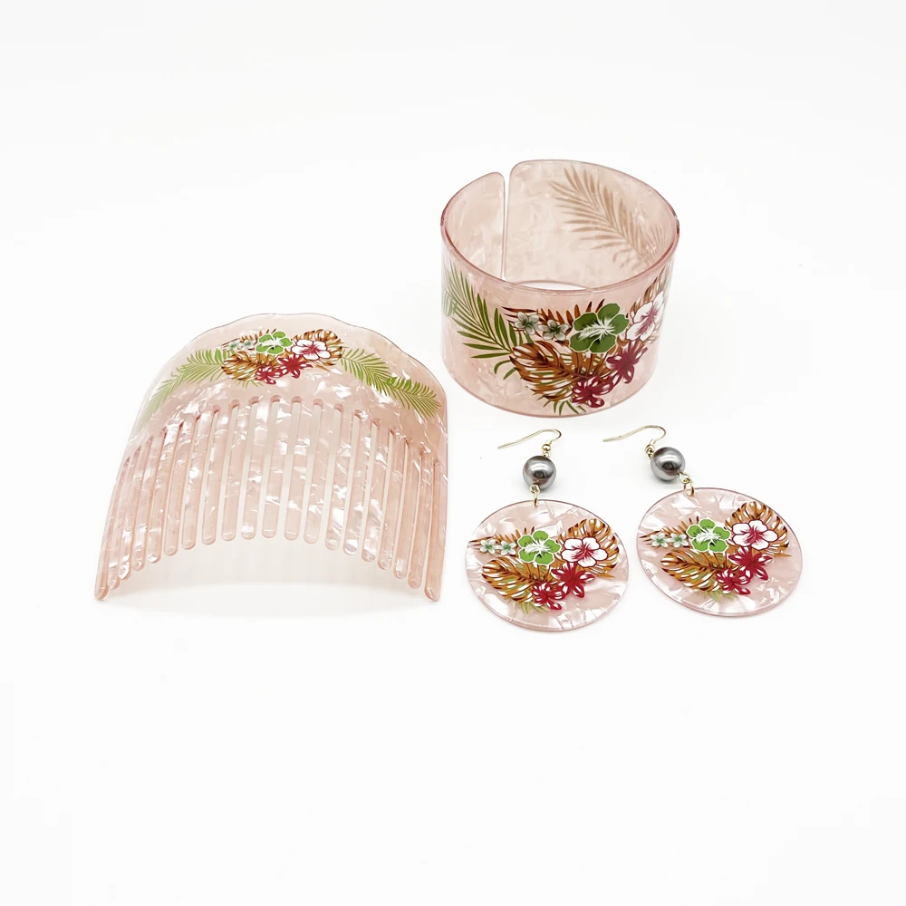 Newest Fashion Flowers Printed Bangle Comb Earring Jewelry Set For Pacific Islands Peoples Women Girls Gift Trendy Styles