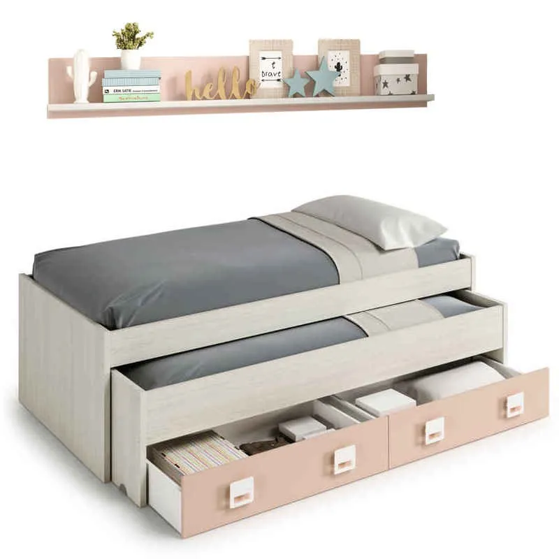 Double bed + 2 drawers a shelf, finished in white Alps and Pastel pink, children's bed, single bed bedroom. Measures: 199x96x69 cm