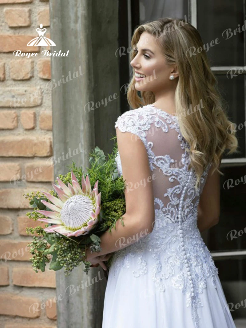 Vestido de novia de corte A, prenda Sexy de gasa con abertura alta, manga corta, botones de encaje, apliques hasta el suelo, 2022