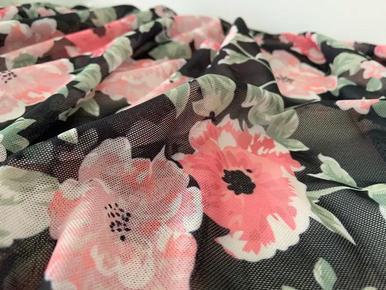 4 way Stretch Tulle Fabric With Printed Florals, Colorful Power Stretchy Mesh Fabric With Flowers