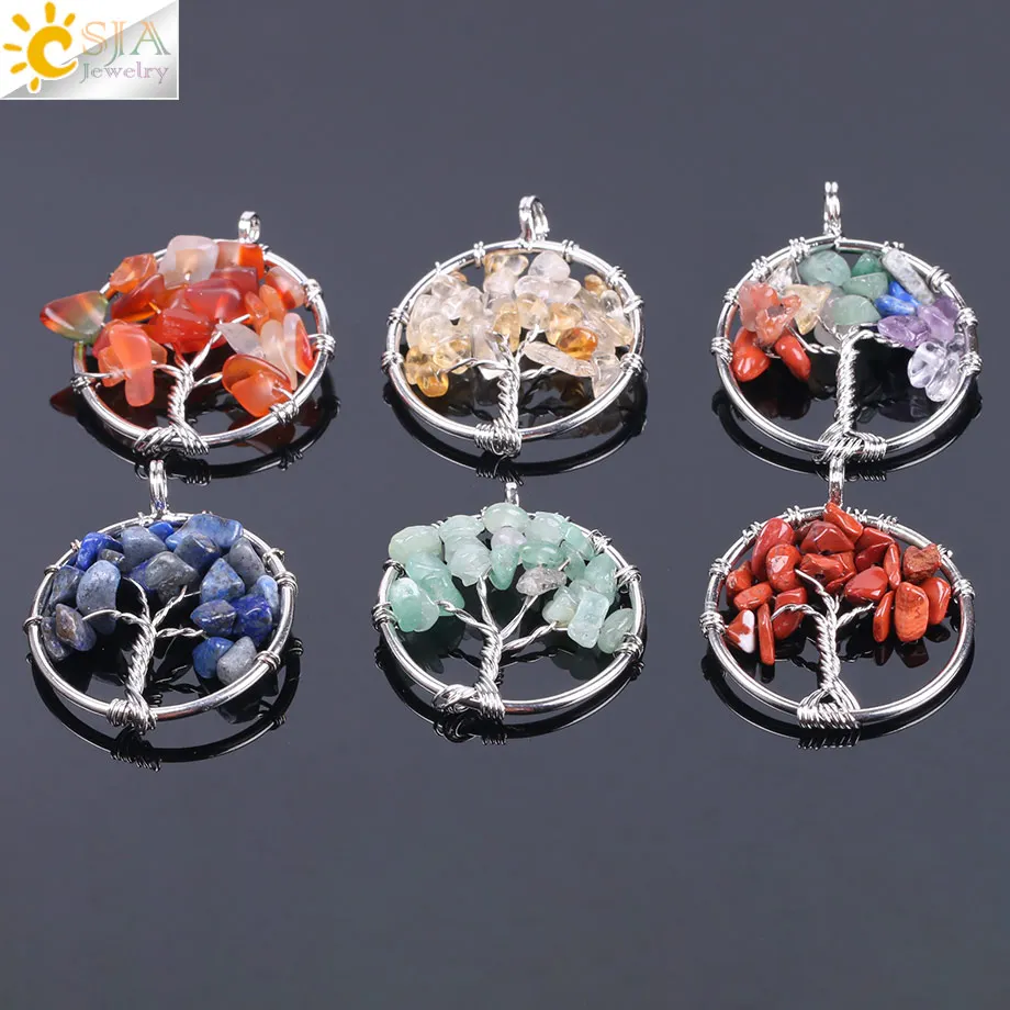 CSJA Tree of Life Necklace & Pendant Silver Color Crystal Natural Gem Stone Chip Beads 7 Chakra Wire Wrapped Women Jewelry F141