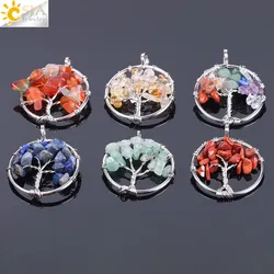 CSJA Tree of Life Necklace & Pendant Silver Color Crystal Natural Gem Stone Chip Beads 7 Chakra Wire Wrapped Women Jewelry F141