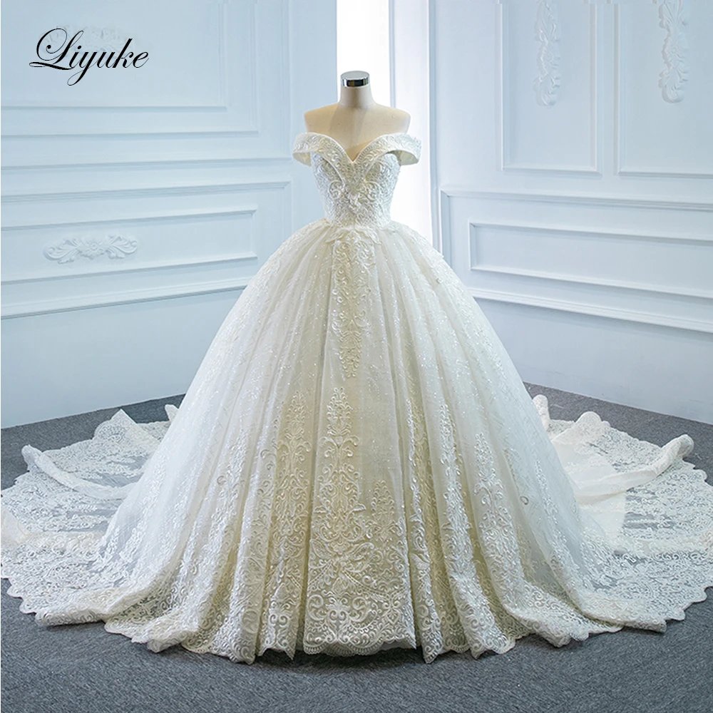 

Liyuke Off The Shoulder Sweetheart Neck Ball Gown Wedding Dress With Chapel Train Corset Closure Bride Dress