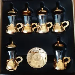 Authentic Tea Cup Set for 6 with Lid and Saucer, Traditional Turkish Ottoman Gold Silver Metal Zamak Stylish Gift