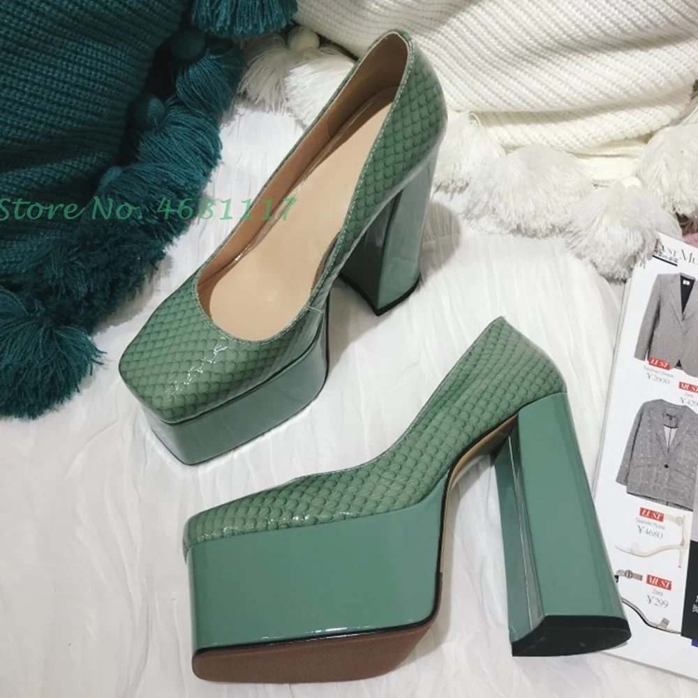 Genuine Leather Green Platform Pumps Women Summer New Square Toe Office Ladies High Chunky Heels Cover Heel Slip On Lady's Shoes