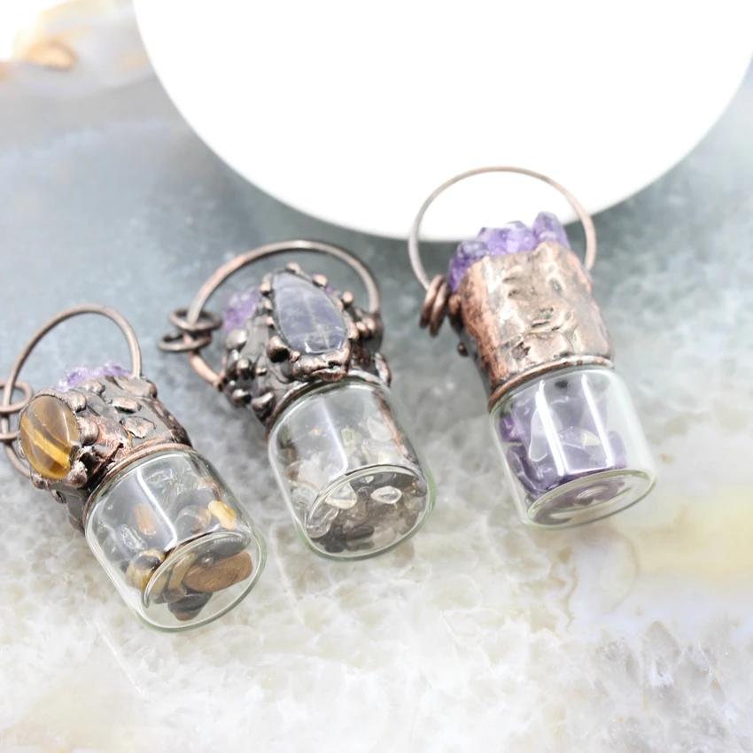 Natural Amethysts Druzy Quartz Reiki Energy essential oil Bottle Pendant,Healing Crystal Necklace DIY Jewelry For Unisex Gifts