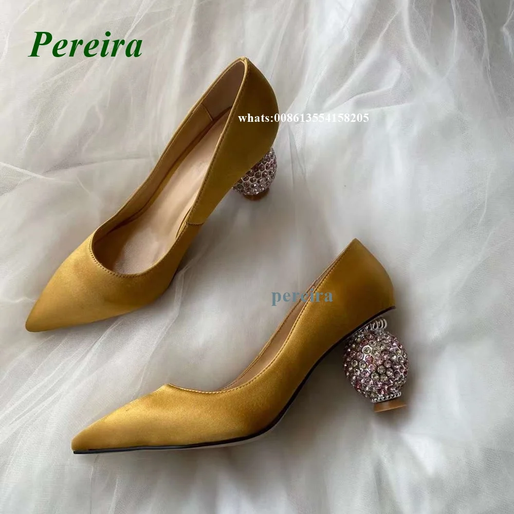 Pereira Yellow Satin Pineapple Heel Pumps Summer Women's Shoes Pointed Toe Shallow Pumps Strange Style Party Wedding Shoes Sexy