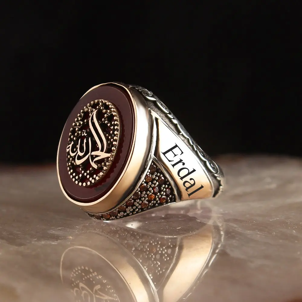 

Personalized Name Written Agate Stone Elhamdülillah Written 925 Sterling Mens Silver Ring