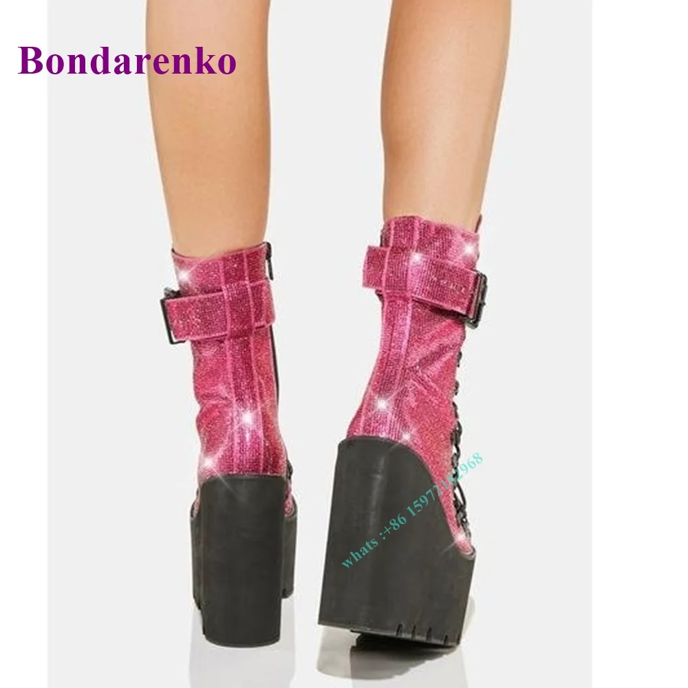 Wysokie kliny platformy Glitter buty klamry na kostce zasznurować stałe okrągłe Toe boczny zamek błyskawiczny Boot kobiety buty moda Party Dress