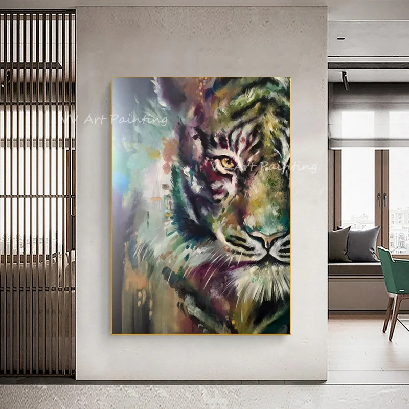 Impasto Textured Tiger Wall Art, Handmade Palette Knife Painting, Gradient Color Tiger Art For Entryway Decor