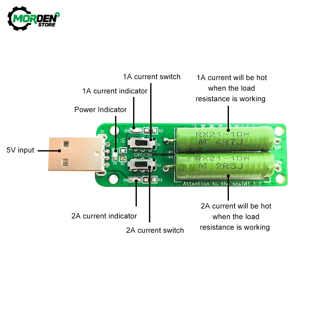 Resistor Resistance USB DC Electronic Load With Adjustable Switch 3 5V1A Current/2A/3A Battery Capacity Discharge Voltage Tester