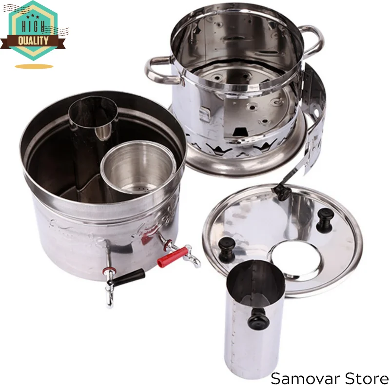 Stainless Steel Double faucet turkish samovar tea stove Teapot teaware Сamping kettle samovar tea picnic samovar on the wood