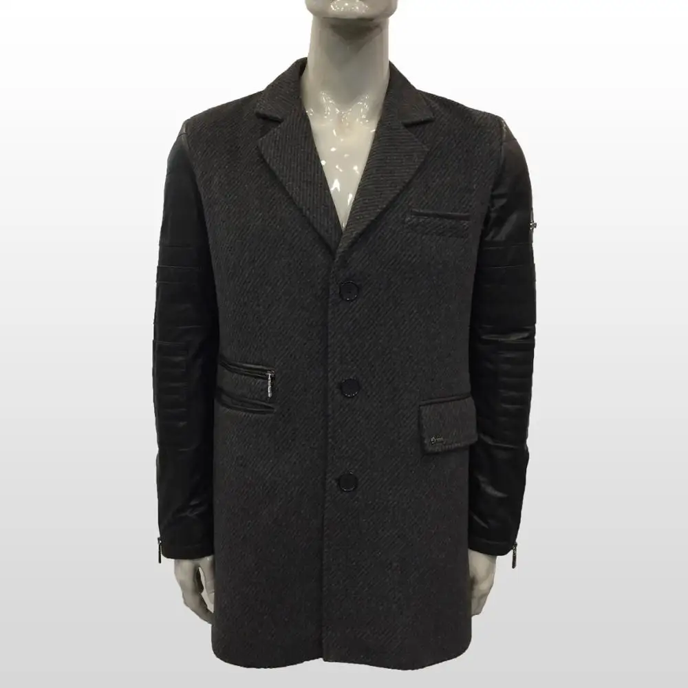 Men Famous Brand Grey Wool Fabric Black Genuine Leather Long Blazers Three Botton High Quality Business Designer Suit