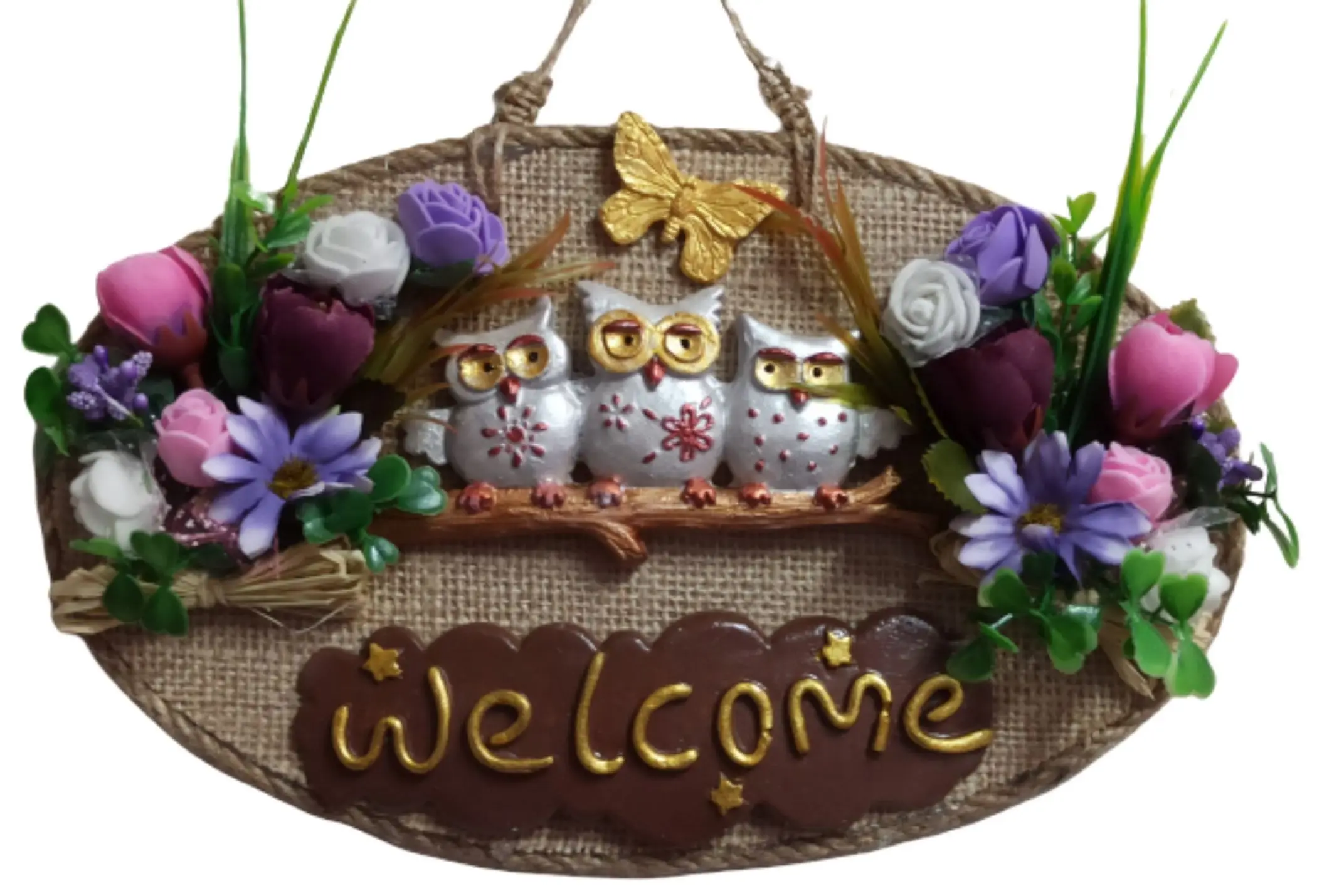 Owl Family 'Welcome' Lettered Door Ornament Wall Decoration