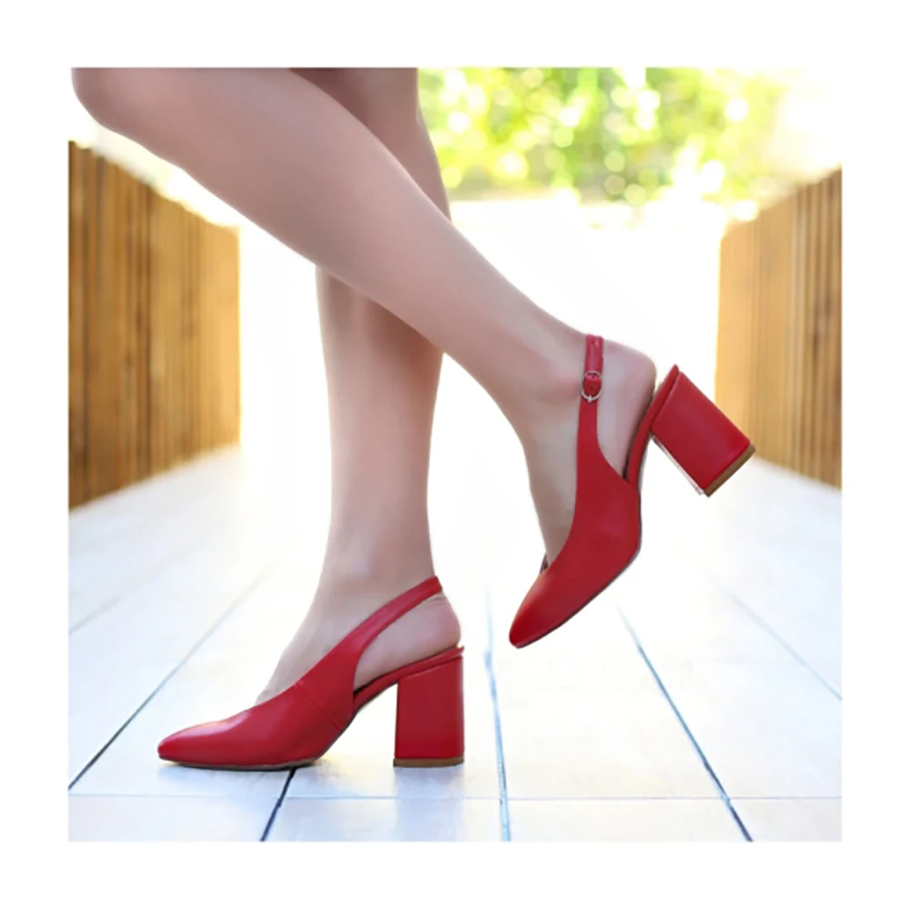 Red Faux Leather Ankle Strap Women Sandals Pointed Toe Heels for Women Thick Heel Pumps for Women 7 cm Heels Women Ladies Pumps