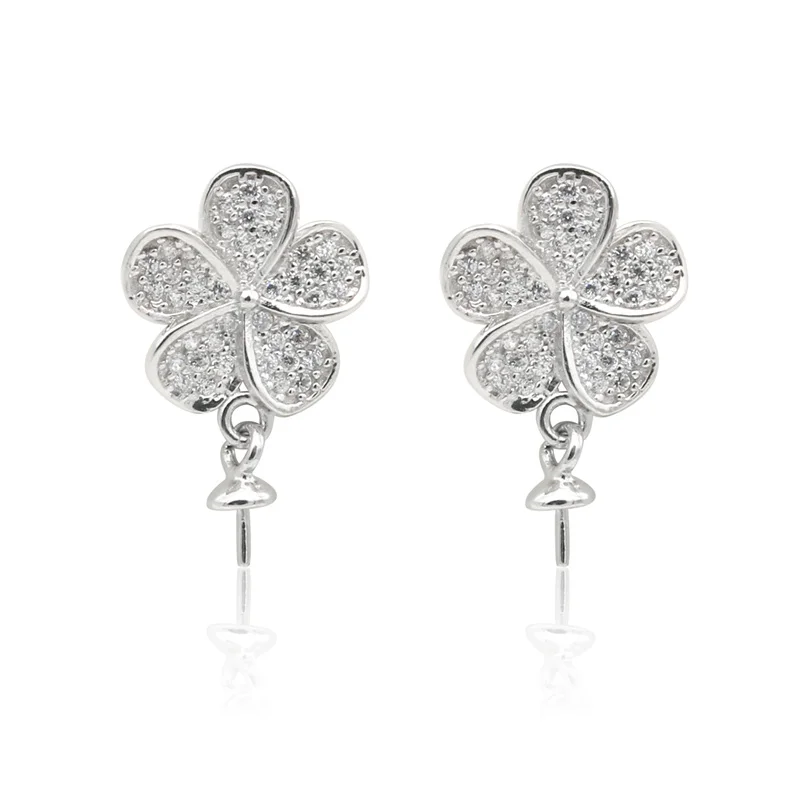 2pcs 925 Sterling Silver Flower Blank Dangle Earring Settings Findings With Zirconia Fit For Half-drilled Beads