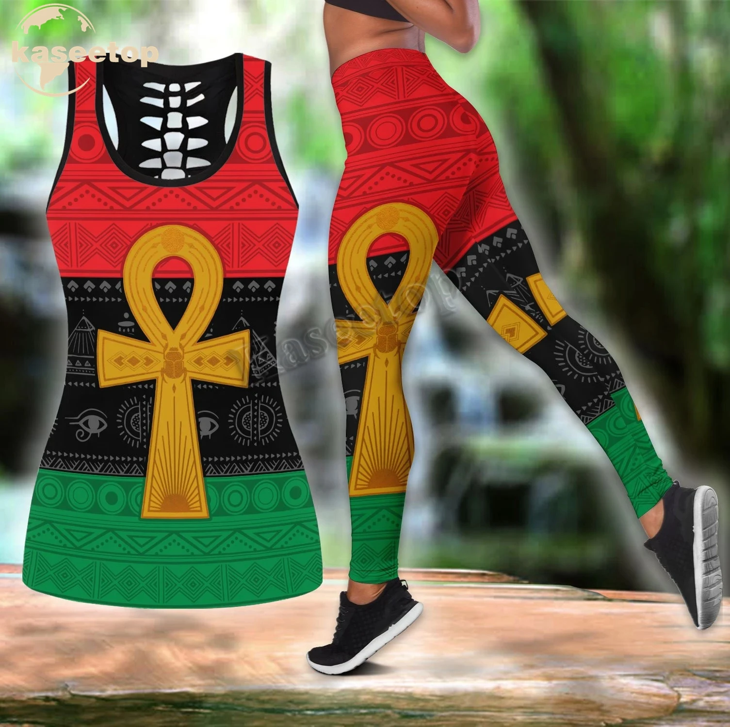 3D Afrika Pan Afrika Ankh Pan Afrika Combo Yoga Set Wanita 3D Gambar Rompi Berongga Tank & Legging Pakaian Musim Panas 192