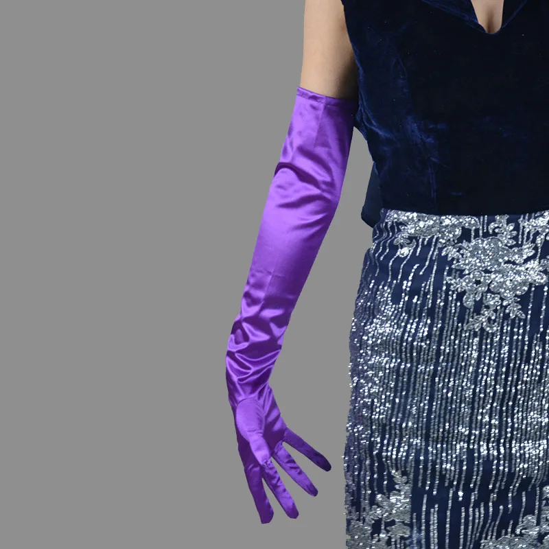 Guantes de noche morados para mujer, manoplas formales de Color sólido, largo de satén para dedo, para eventos y actividades, guantes de mujer de oro blanco