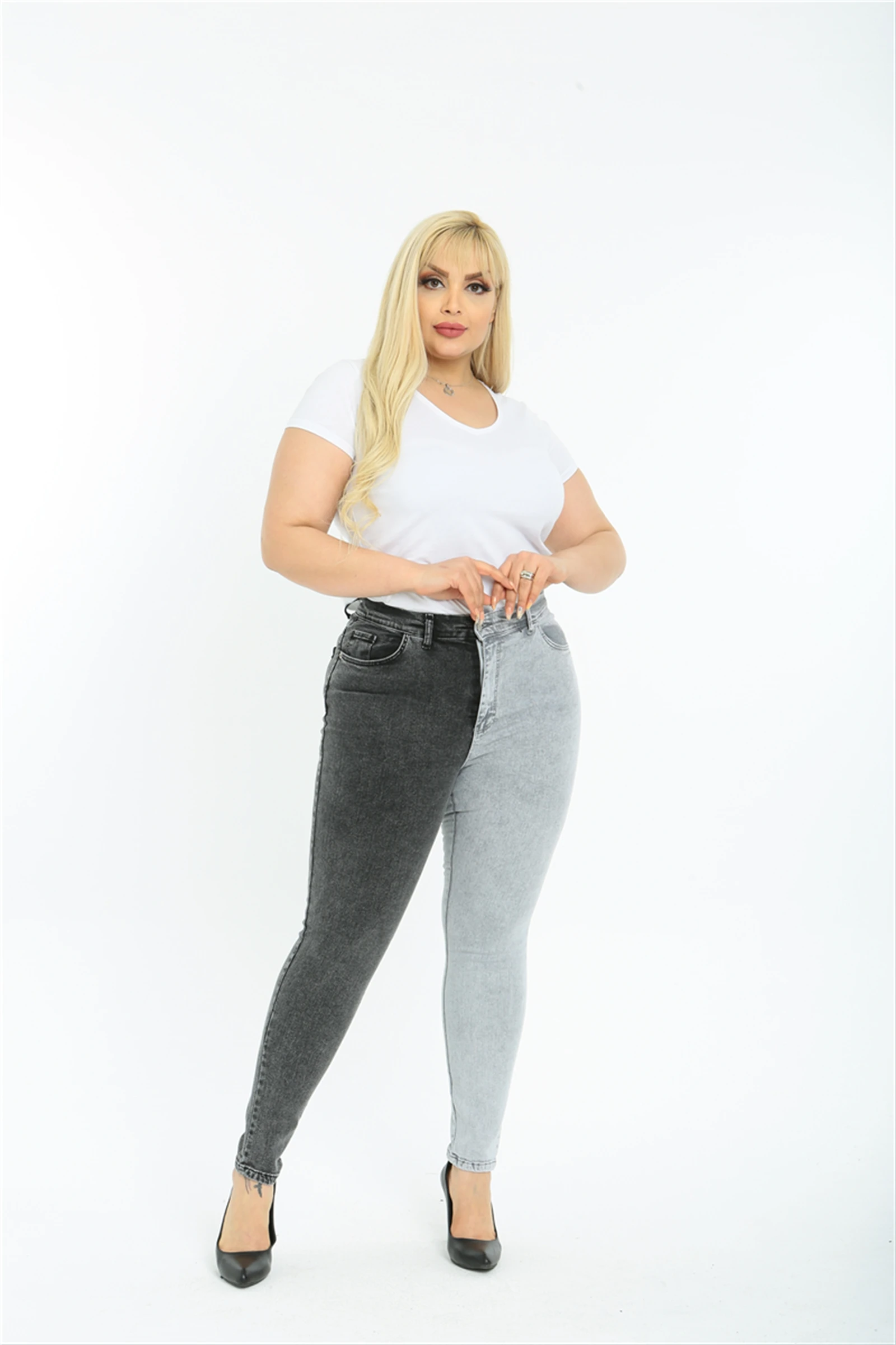 

Diaves Women Plus Size Denim Pants Double Colour Black Blue High Waist Skinny Jeans up to 6XL