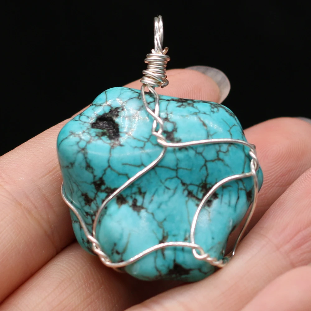 Natural Green Turquoise Pendant Winding Wire Irregural Agates Pendant Charms for Making DIY Jewerly Necklace Accessories