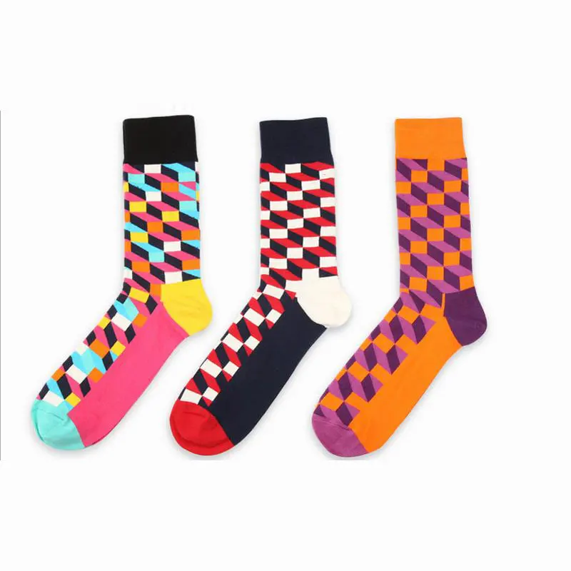 Hot ! New 2023 happy socks style 3D colorful Square cotton socks for men women Gentleman men's sock big size EUR 37-46 WZ005