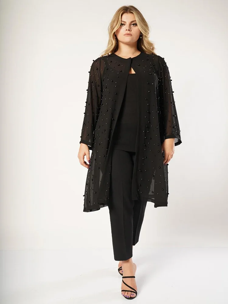 

Pearl Decoration Round Neck Chiffon Fabric Black Color Long Thin Plus Size Jacket For Women 4xl 5xl 6xl 2022 New Fashion Outwear