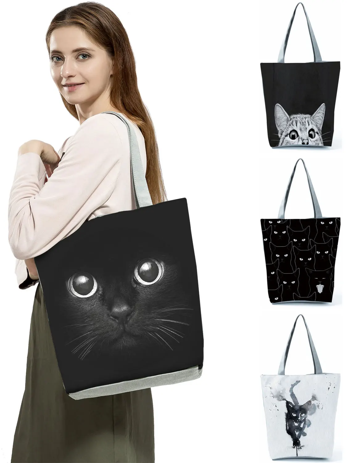 Bolso de hombro con estampado de gato negro para mujer, bandolera informal de alta capacidad, reutilizable, para oficina, envío directo