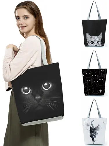 Imagen 1 del producto Bolsos con diseño de animales de alta capacidad, bolso de mujer con estampado de gato negro, bolso de compras, bolso de hombro informal reutilizable para oficina, triangulación de envíos