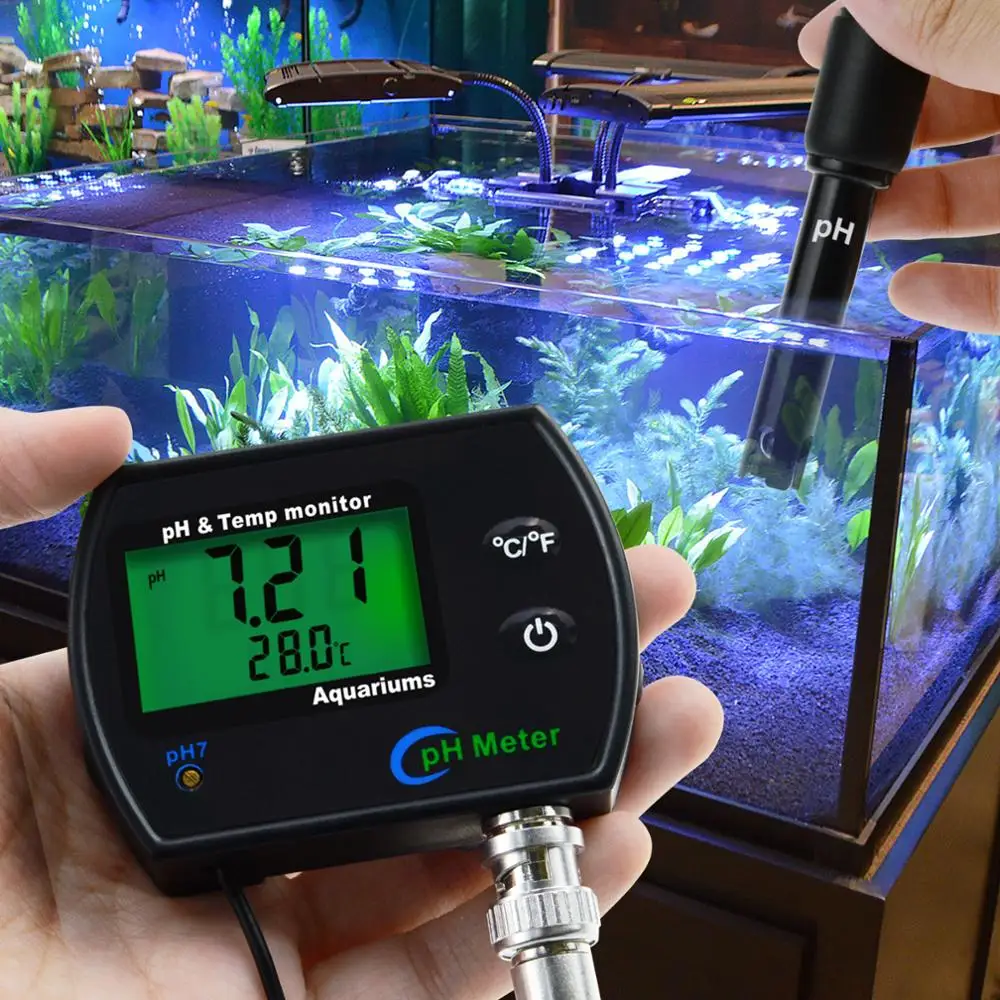 PH & Temperature 2-in-1 Continuous Monitor Meter 0.00~14.00pH degC/ degF Replaceable Electrode for Aquariums Hydroponics