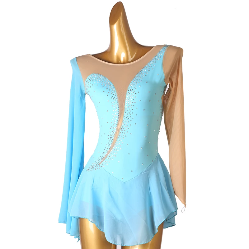 light blue Figure Skating Dress Women girl Ice Skating Dress Gymnastics Costume custom crystal rhinestone  B087