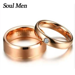 Soul Men 1 Pair Rose Gold Color Tungsten Carbide Couples Wedding Rings for Women Men 6mm For His 4mm CZ For Her