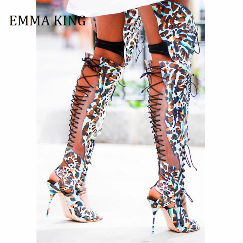 Butterflies Lace Up Stiletto Sandals Boots Multicolor Leather Over-the-Knee Gladiator Boots Women's Runway Party Dress Shoes 44