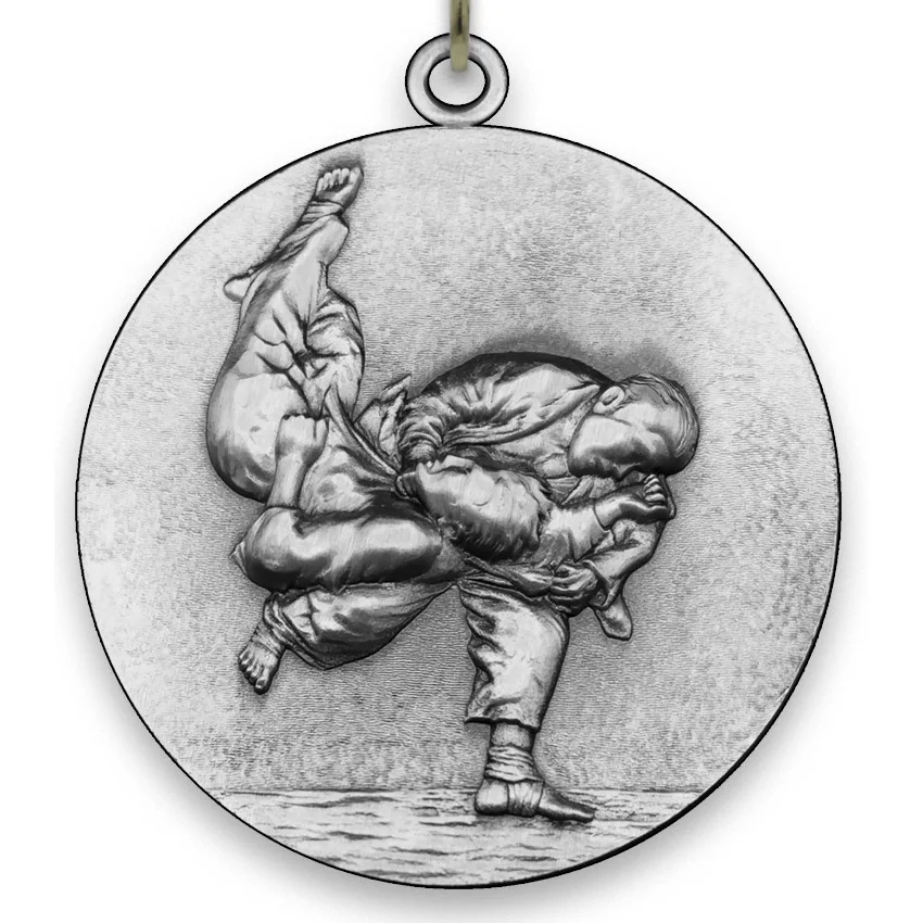 Large Metal Judo Silver Medal - 6,4 cm - with Neck Ribbon size 2,2cm x 80 cm - Choice of Ribbon Colours.