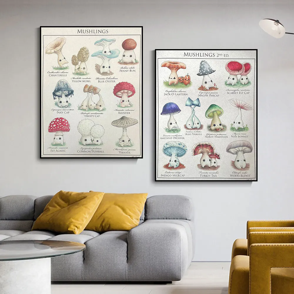 Cute Mushling Identification Posters, Print on Canvas Wall Art, Botanical Fine Art Pictures for Kitchen Room, Home Decor