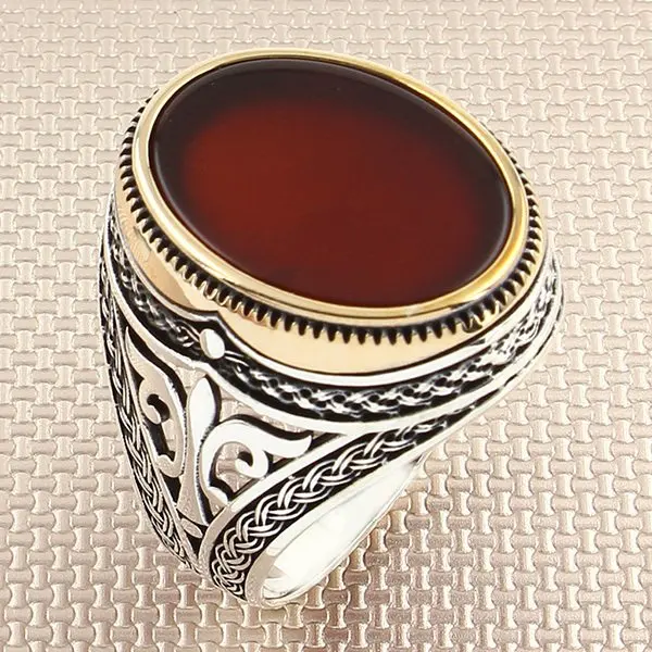 

Straight Oval Red Agate Stone Men Silver Ring With Symmetrical Motif Made in Turkey Solid 925 Sterling Silver