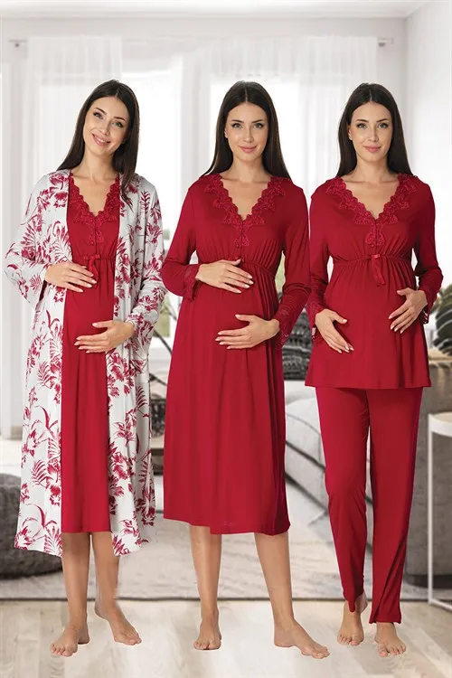 رداء للأمهات بنمط زهور من LOHUSA HAMILE لعام 8096 ملابس نوم للأمهات وبجامات للأمهات لون كرزي 4 قطع معًا
