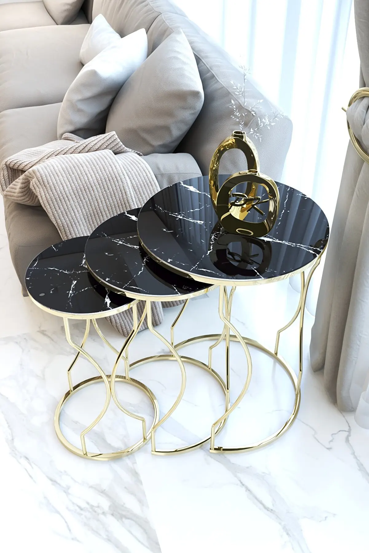 Nesting Table 3 Pieces Black Marble Gold Leg Decorative Living Room Kitchen Home Furniture Coffee Table Decor Accessory Modern