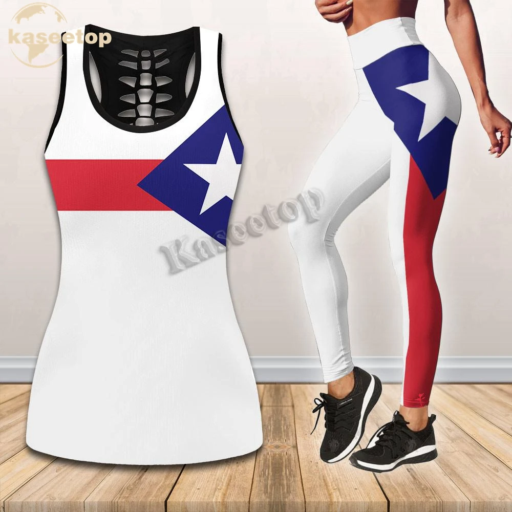 Kaseetop Puerto Rico Two Piece Yoga Set Women 3D Print Vest Hollow Out Hollow Tank & Legging Outfit Summer Casual Vest LK09