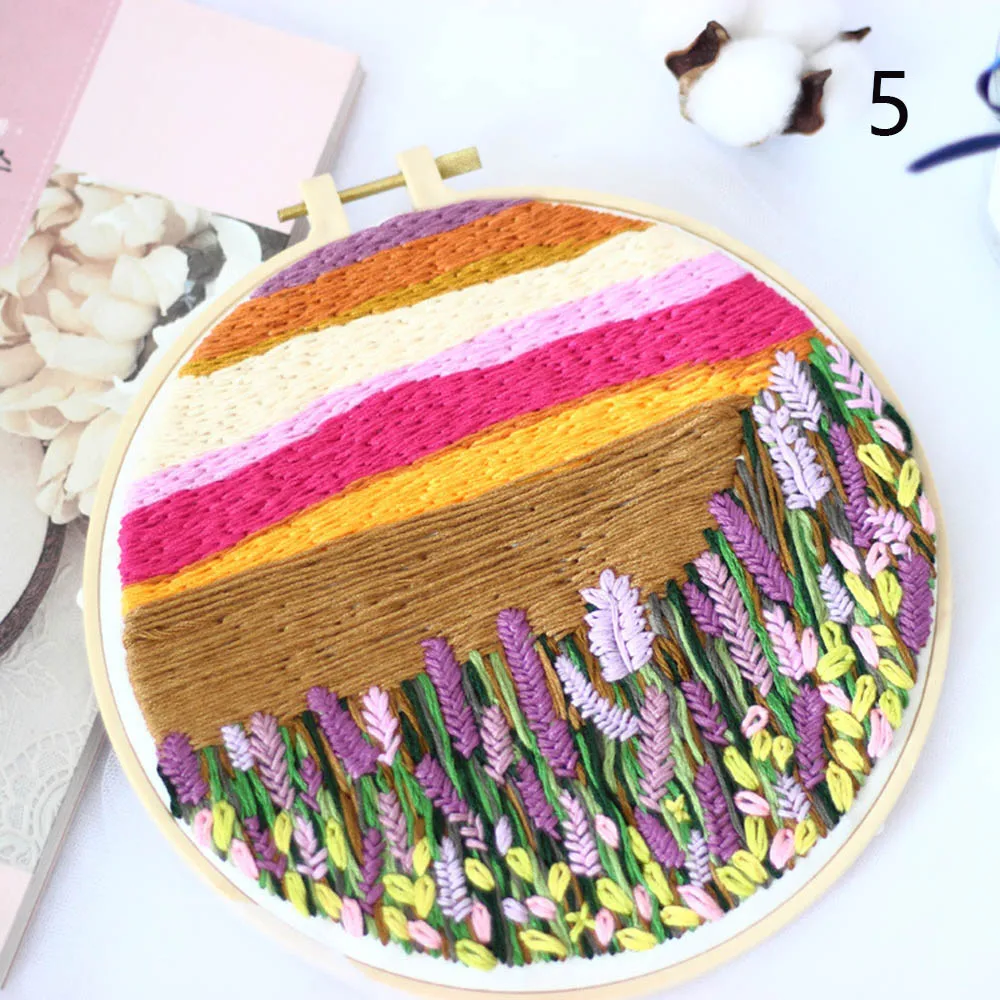 DIY Stamped Embroidery Starter Kit with Landscape Pattern Cloth Color Threads Tools(without hoop) Sewing Art Craft Home Decor