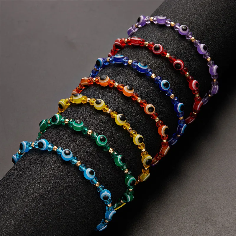 Fashion New Rainbow Crystal Beads Resin Evil Eye Beaded Bracelets For Couple Friends Charm Lucky Adjustable Bracelets Friendship