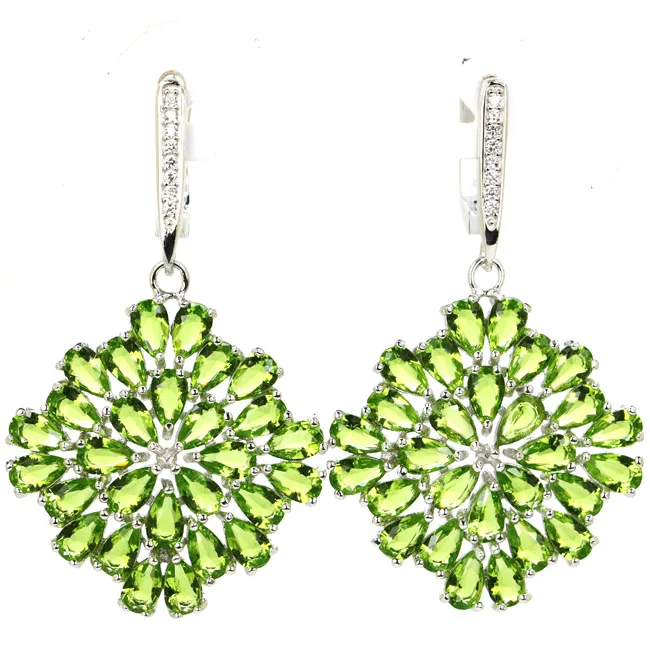 46x26mm Ravishing 8.8g  Green Peridot White CZ Woman's Present 925 Solid Sterling Silver Earrings