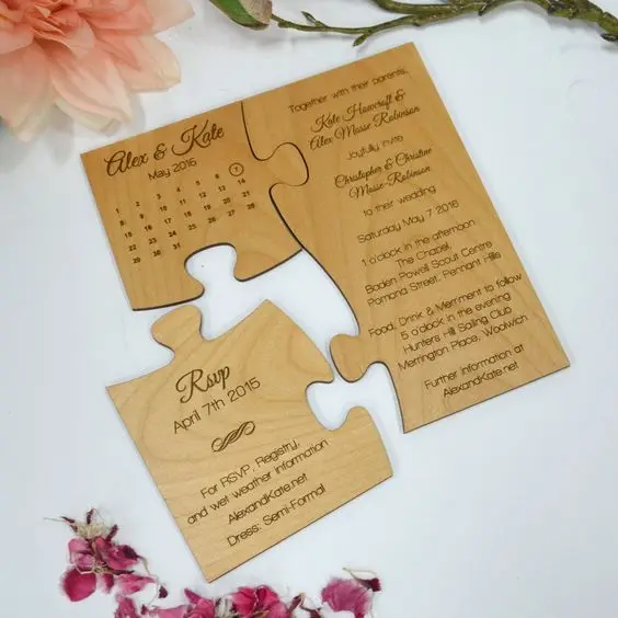 Engraved Wooden Puzzle Wedding Invitation with Save the Date