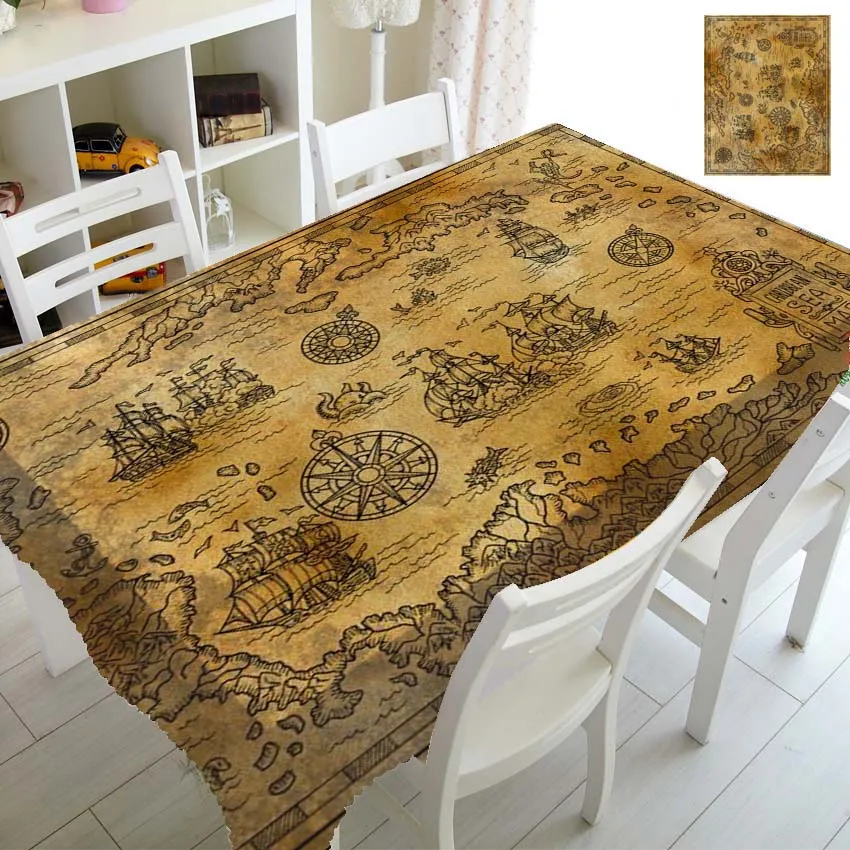 Antique Old Pirate Map Tablecloths for Rectangle Table Cover Medieval Compass Vintage Table Cloths Home Decoration Waterproof