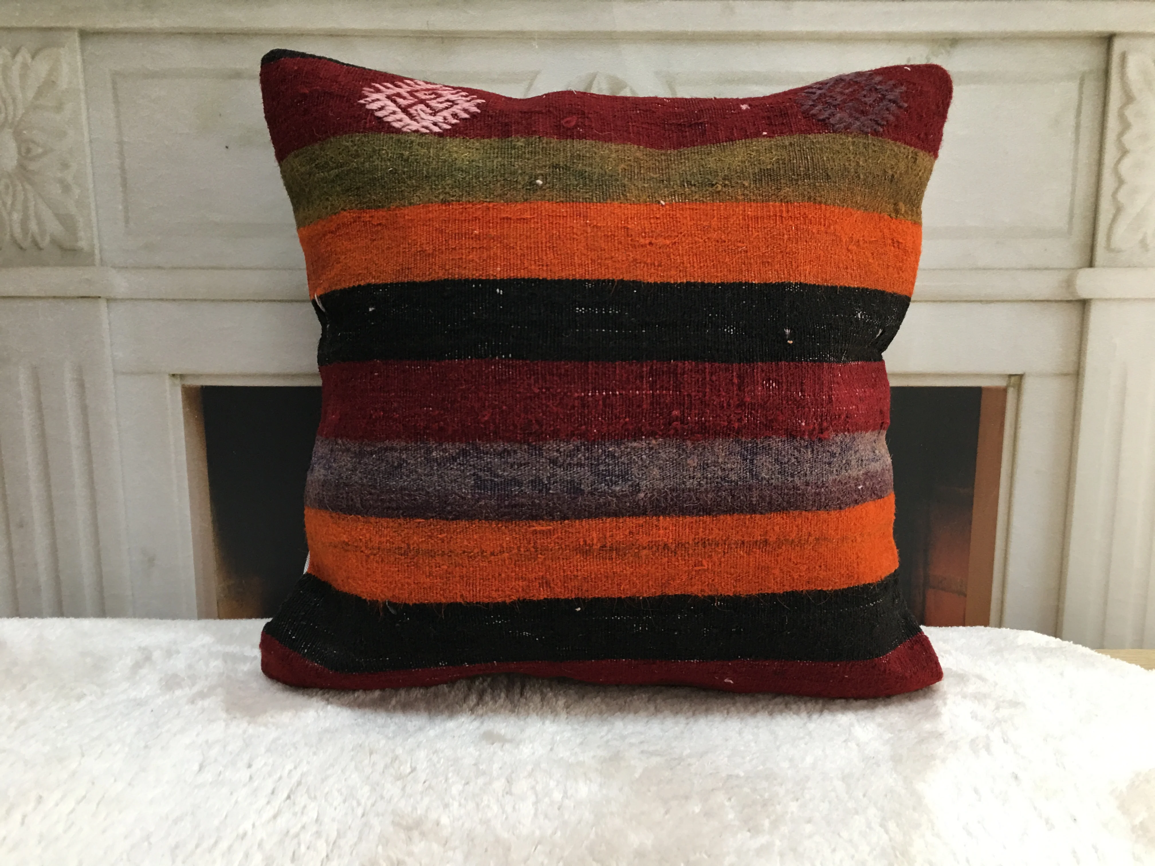 

Handmade Kilim Pillow Cover Decorative Stripe Pillow - 18x18 Inches - 45x45 Cm Wool Hidden Zipper