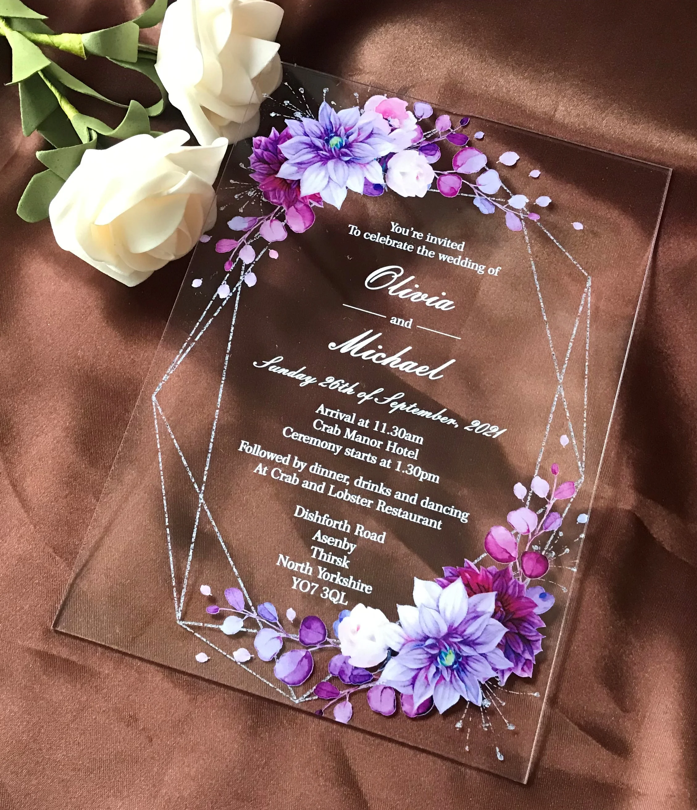 

Purple Floral Acrylic Wedding Invites,Custom Acrylic Wedding Invitation,Acrylic Christmas Invitations,Favors Gifts for Guests