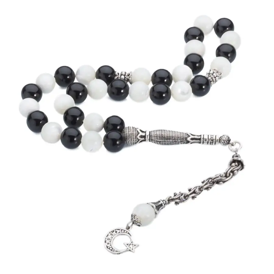 

Silver Black White Onyx Gemstone Prayer Rosary Men Sphere Cut Rosary With Silver Tassel Turkish Tasbih Moon Star Model Tassel