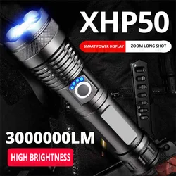 3000000LM XHP50.3 Aluminum Telescopic Zoom Flashlight Power Display USB Charging Outdoor Night Fishing Light Tactical LED Torch