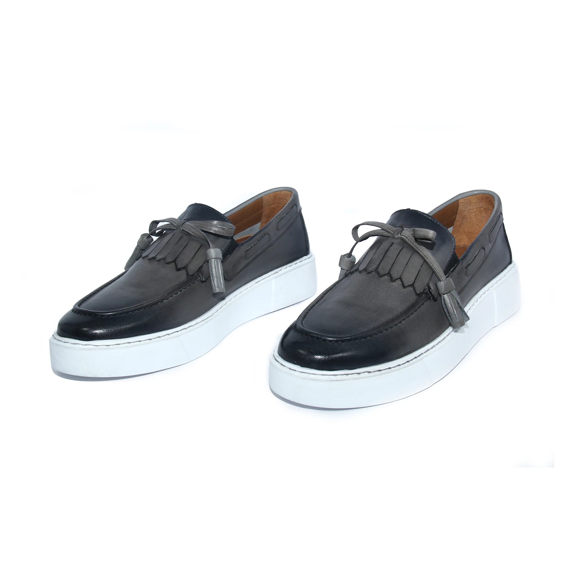 Gray Lightweight Casual Sport Kiltie Tassel Loafers, Handmade Shoes with Real Leather, Height Increasing Soles, Men's Sporty