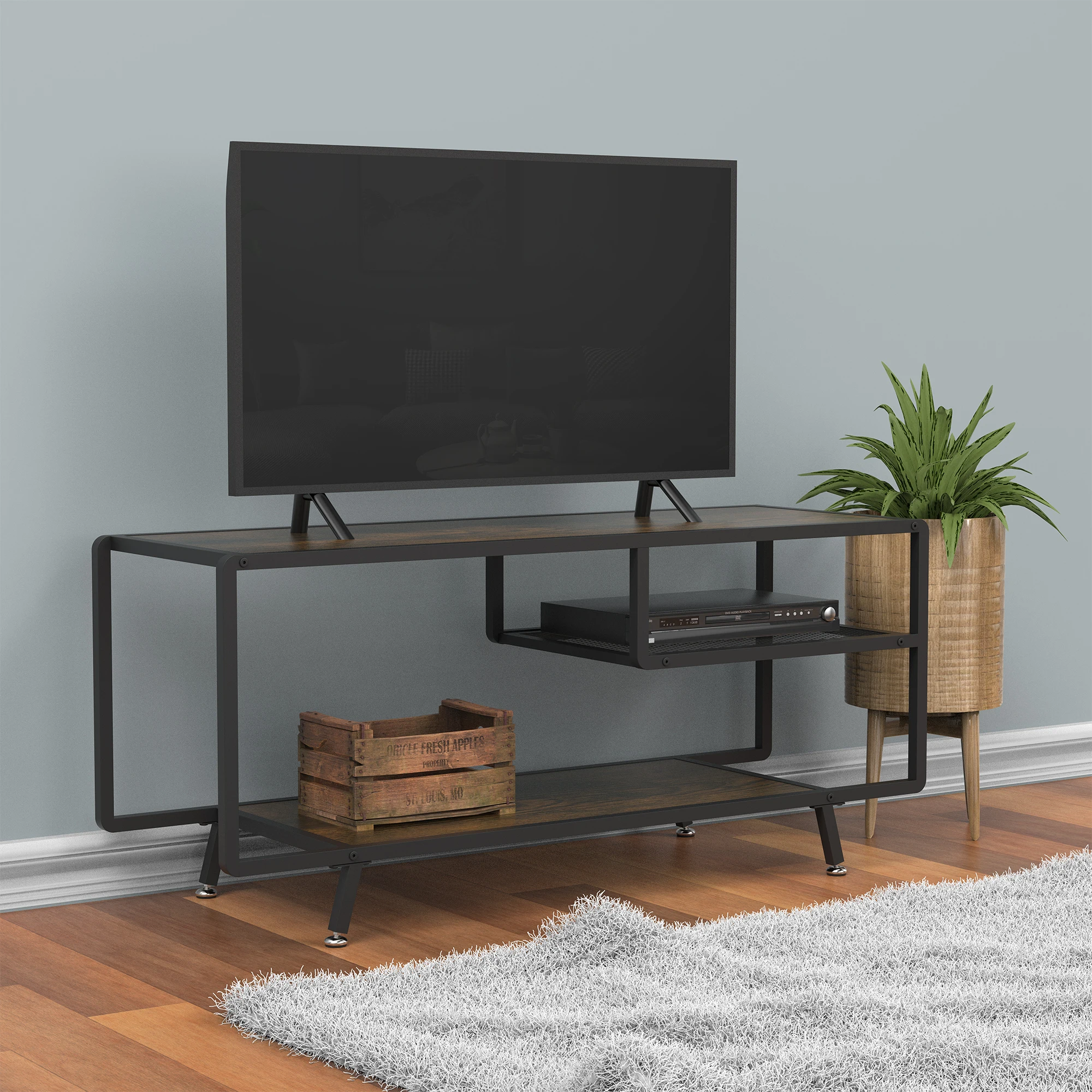 47In Modern TV Stand for Home Entertainment Center Media Console Table W/Open Shelving Storage Wood Retro Industrial TV Cabinet